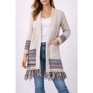 Roxy Women's L Knit Fringe Cardigan Sweater Open Front Boho Neutral Beach Vibes